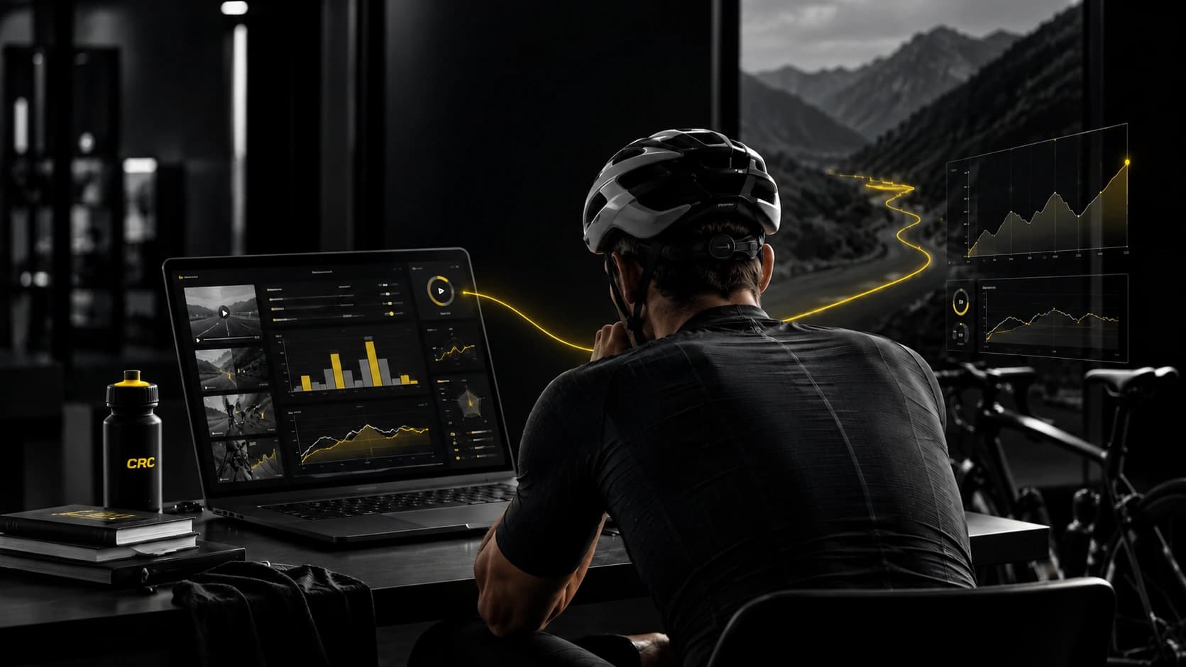 Cyclist analysing training data on a laptop